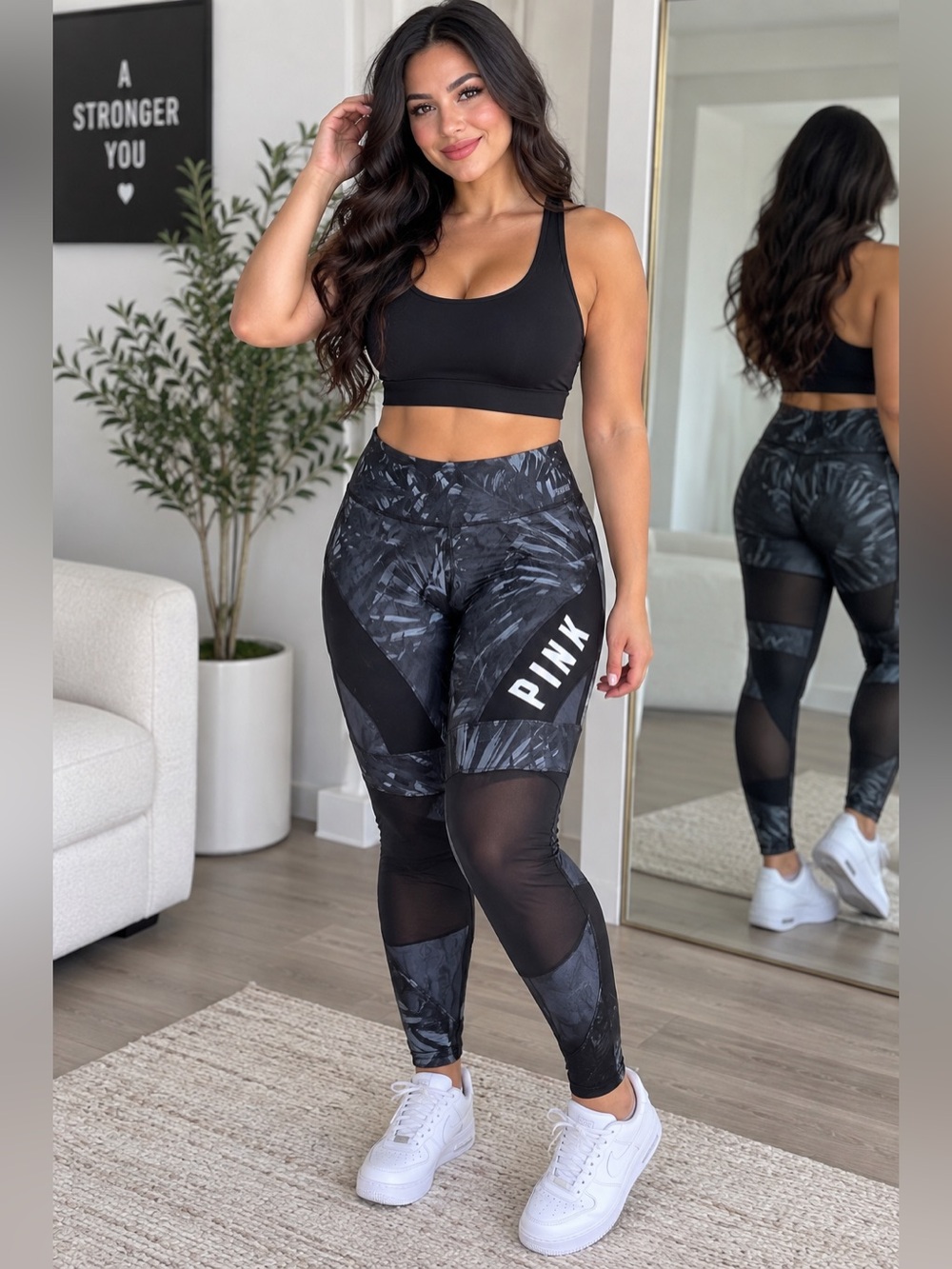 PINK Victoria's Secret Black Mesh-Panel High-Waist Leggings with Tonal Print